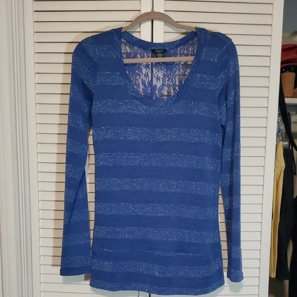 Forever 21 Blue Shimmer Long Sleeve Blouse